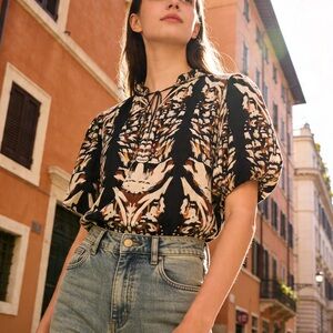 Sofia Made in Italy | Puffed Shouldered Black & Brown Patterned Blouse |OS| NWT